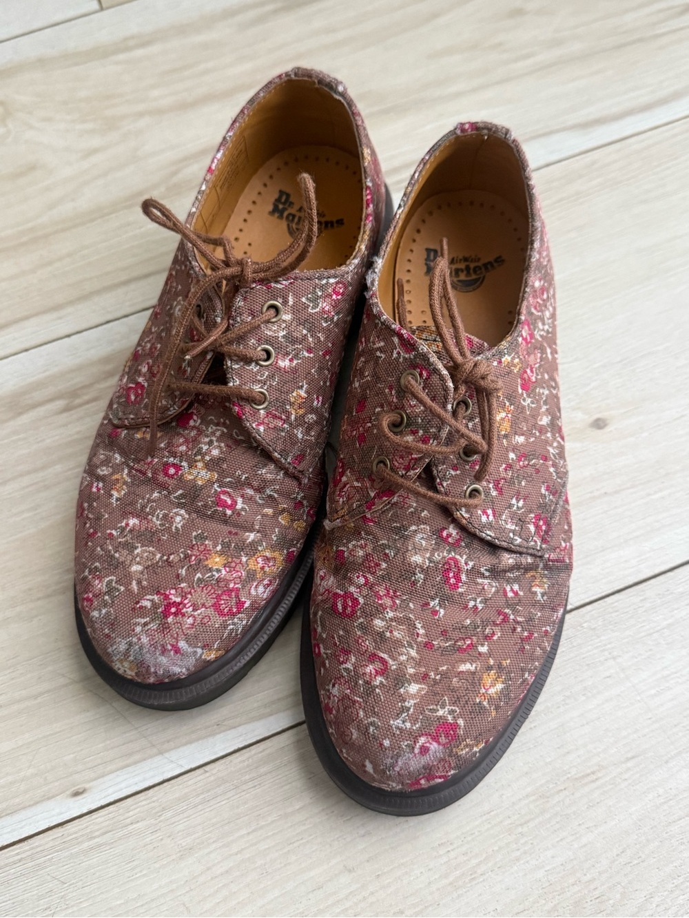 Dr. Martens Brown Canvas Floral Lace-Up Oxfords with Pink Accents